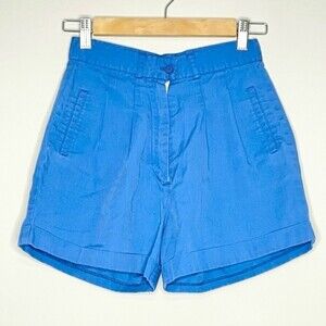 VINTAGE | 70s 80s Pleated High Waist Women’s Shorts Rolled Hem Royal Blue Retro
